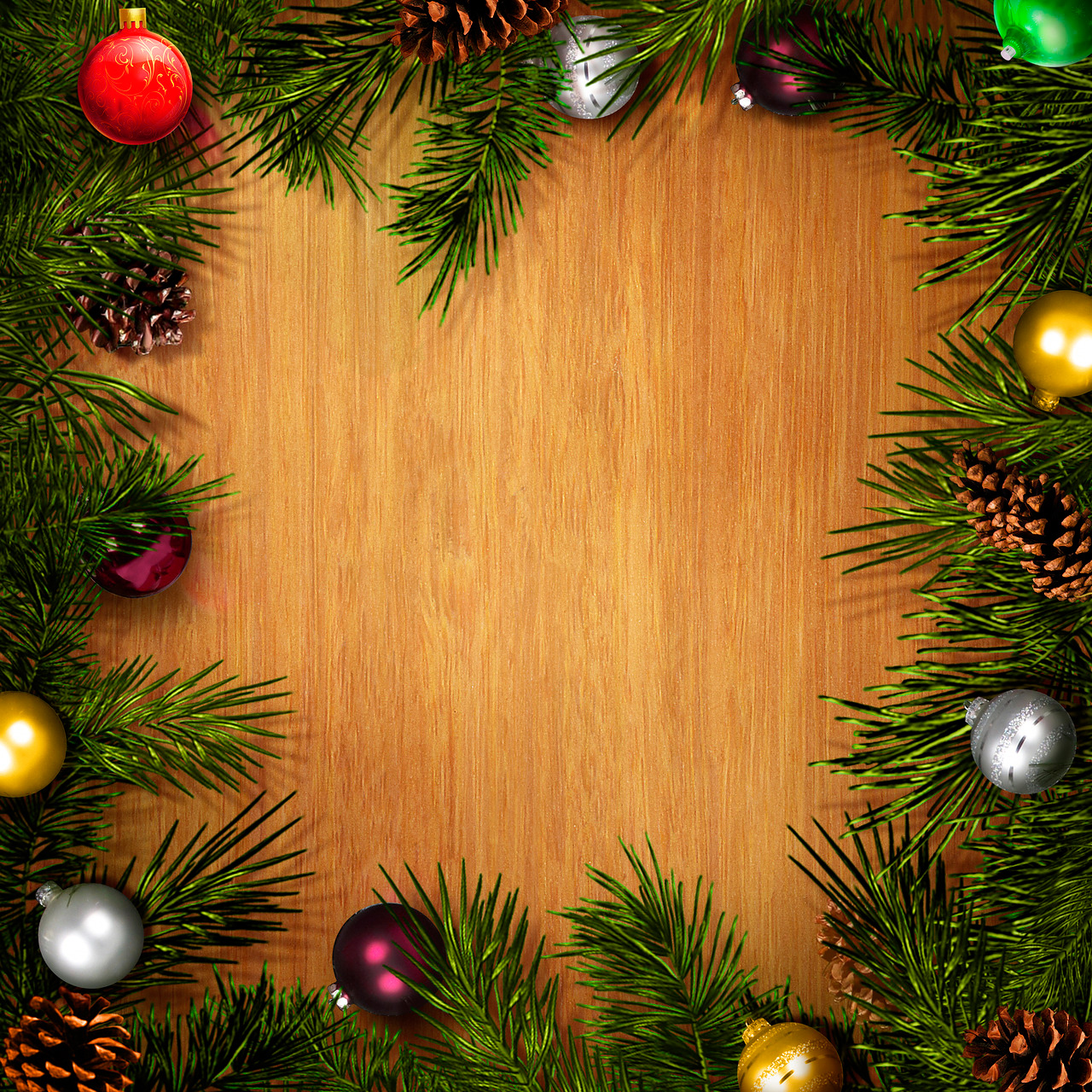 Wooden Square Christmas Background with Pine Branches and Ornaments