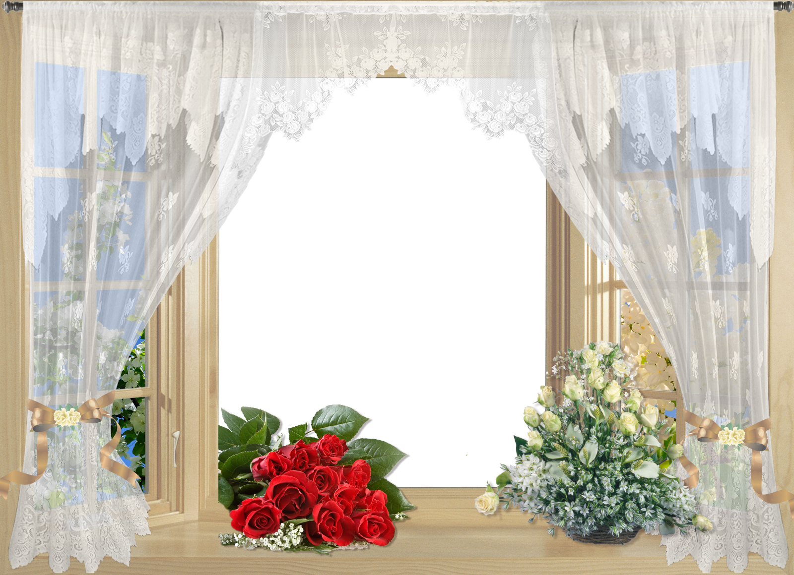 Beautiful Window Frame with Curtain and Roses | Gallery Yopriceville