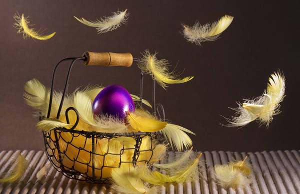 This jpeg image - Easter Art Background Purple Egg and Yellow Feathers, is available for free download