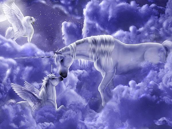 This jpeg image - Beautiful Fantasy Purple Wallpaper with Unicorns in Clouds, is available for free download