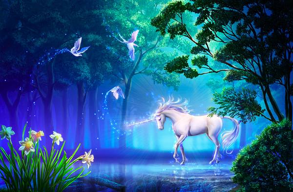This jpeg image - Beautiful Fantasy Wallpaper Unicorn in Fairy Forest, is available for free download