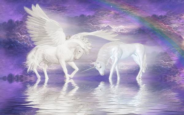 This jpeg image - Fantasy Wallpaper with Unicorns Clouds and Rainbow, is available for free download