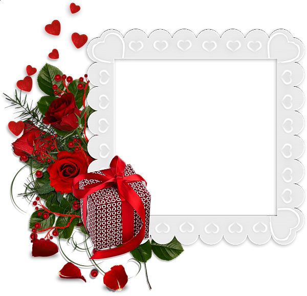 This png image - Beautiful White Transparent Frame with Hearts and Red Roses and Gift, is available for free download
