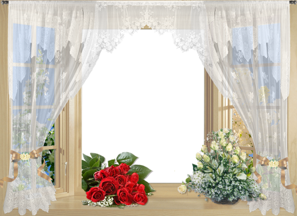 This png image - Beautiful Window Frame with Curtain and Roses, is available for free download