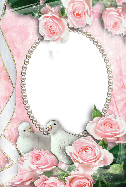 Pink Transparent Frame with Doves and Roses | Gallery Yopriceville