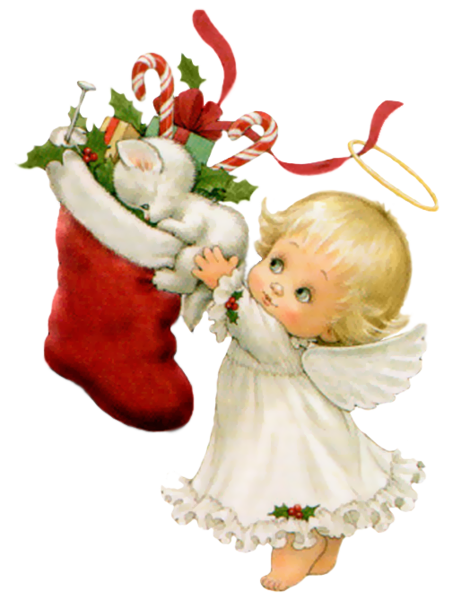 This png image - Cute Christmas Angel with White Kitten and Stocking Free PNG Clipart Picture, is available for free download