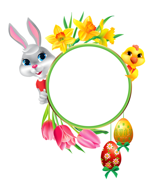 This png image - Easter Bunny and Chicken with Round Frame Transparent Clipart, is available for free download