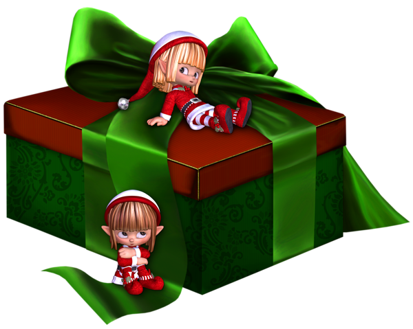This png image - Green and Red 3D Present with Elfs Clipart, is available for free download