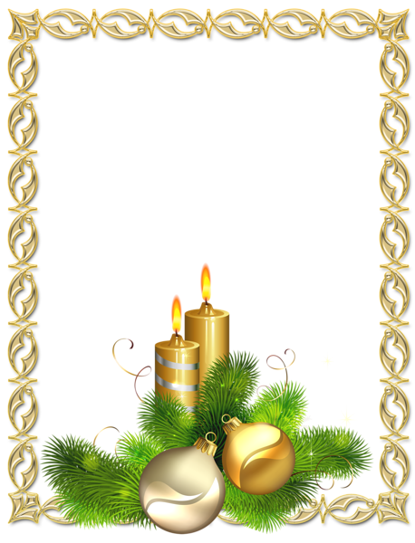 This png image - Large Transparent Gold Christmas Photo Frame with Candles and Christmas Balls, is available for free download