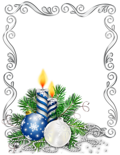This png image - Large Transparent Silver Christmas Photo Frame with Blue Candles and Christmas Balls, is available for free download