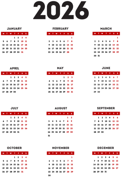 This png image - 2026 EU Calendar Transparent Red Black PNG Clipart, is available for free download