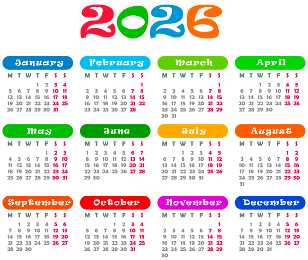 This png image - 2026 EU Colorful Calendar Transparent PNG Image, is available for free download
