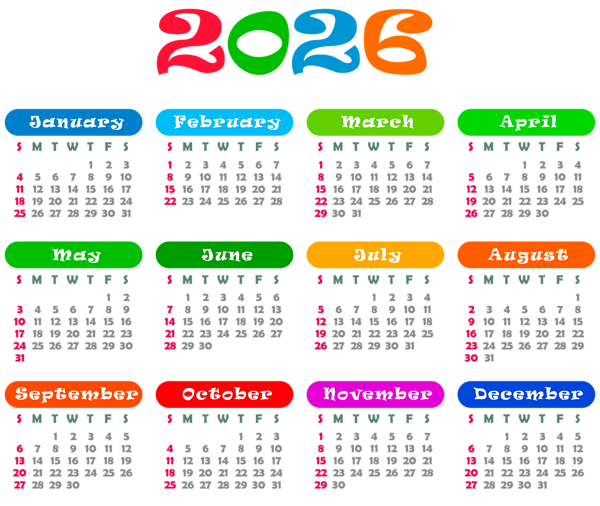 This png image - 2026 US Colorful Calendar Transparent PNG Image, is available for free download