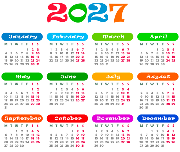 This png image - 2027 EU Colorful Calendar Transparent PNG Image, is available for free download