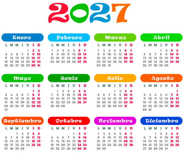 This png image - 2027 Spanish Colorful Calendar Transparent PNG Image, is available for free download