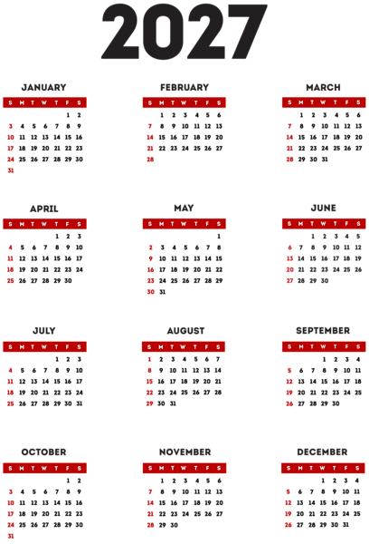 This png image - 2027 US Calendar Transparent Red Black PNG Clipart, is available for free download