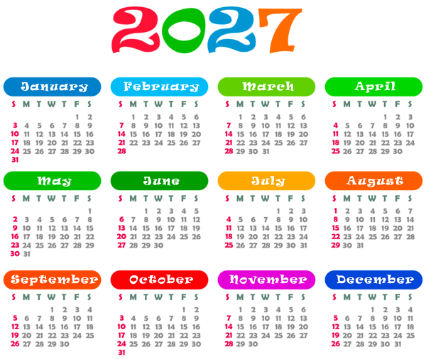This png image - 2027 US Colorful Calendar Transparent PNG Image, is available for free download