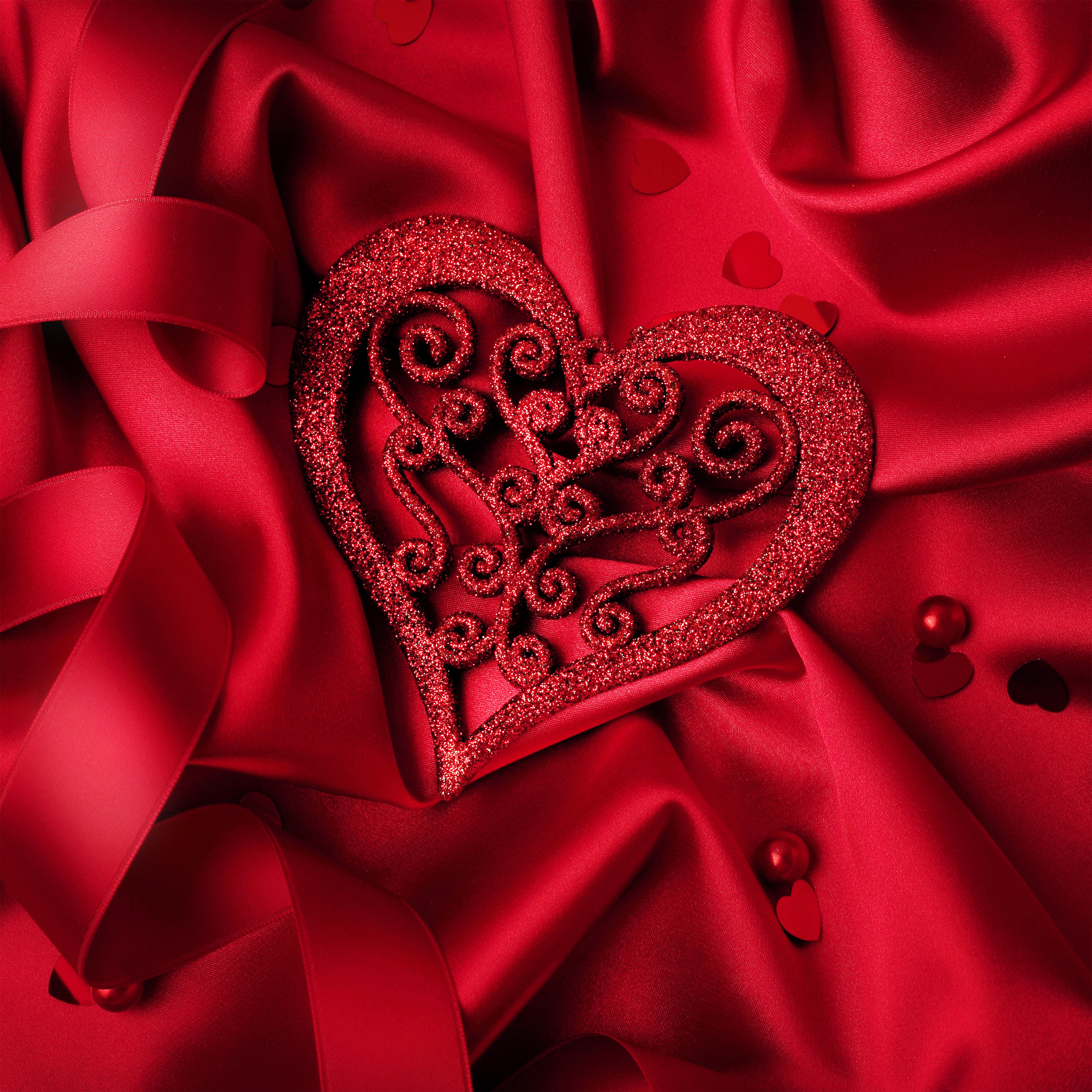 Valentine Heart. Elegant Red satin gift Ribbon. Stock Photo by