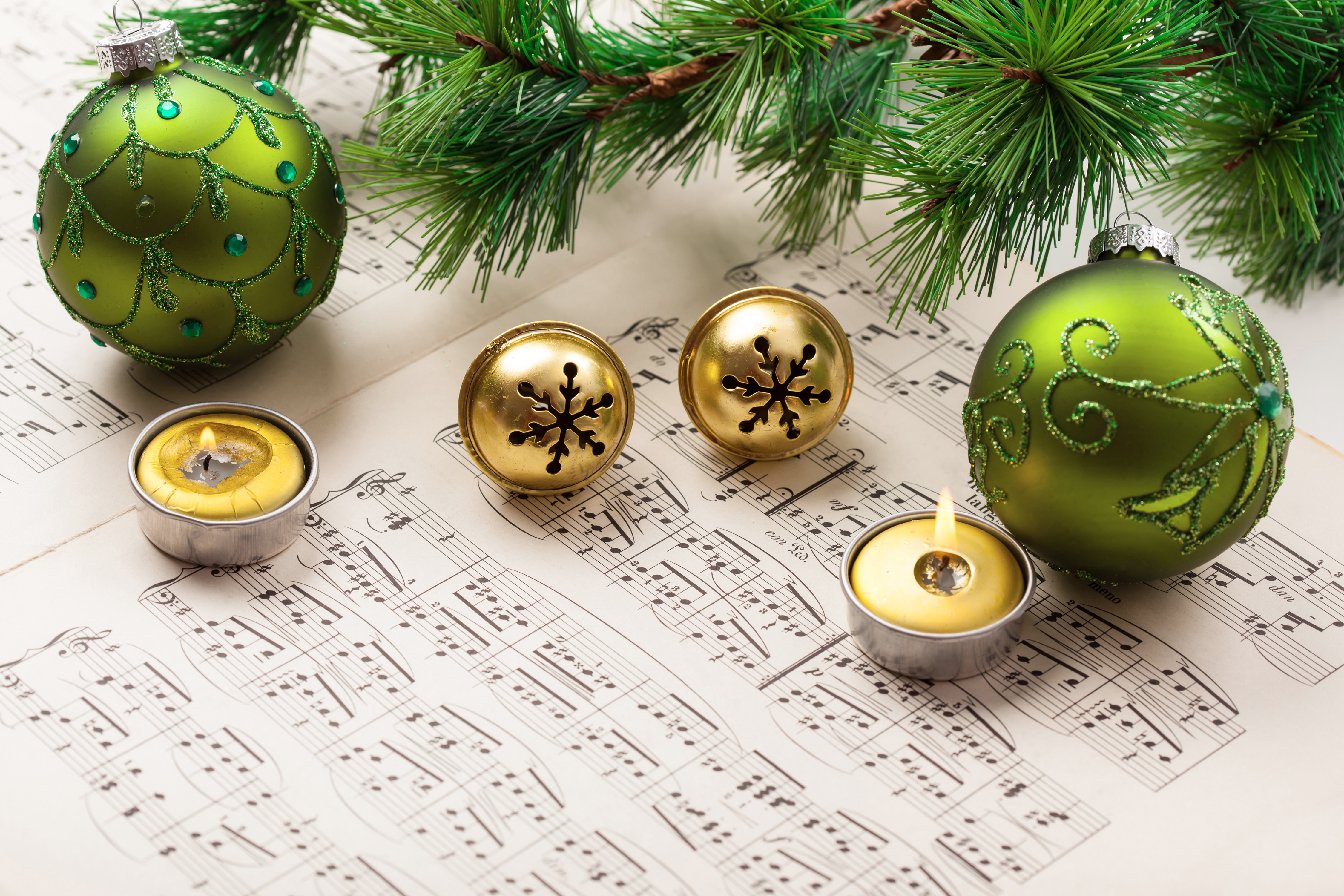 Background with Musical Score Christmas Ornaments and Pine Branch ...