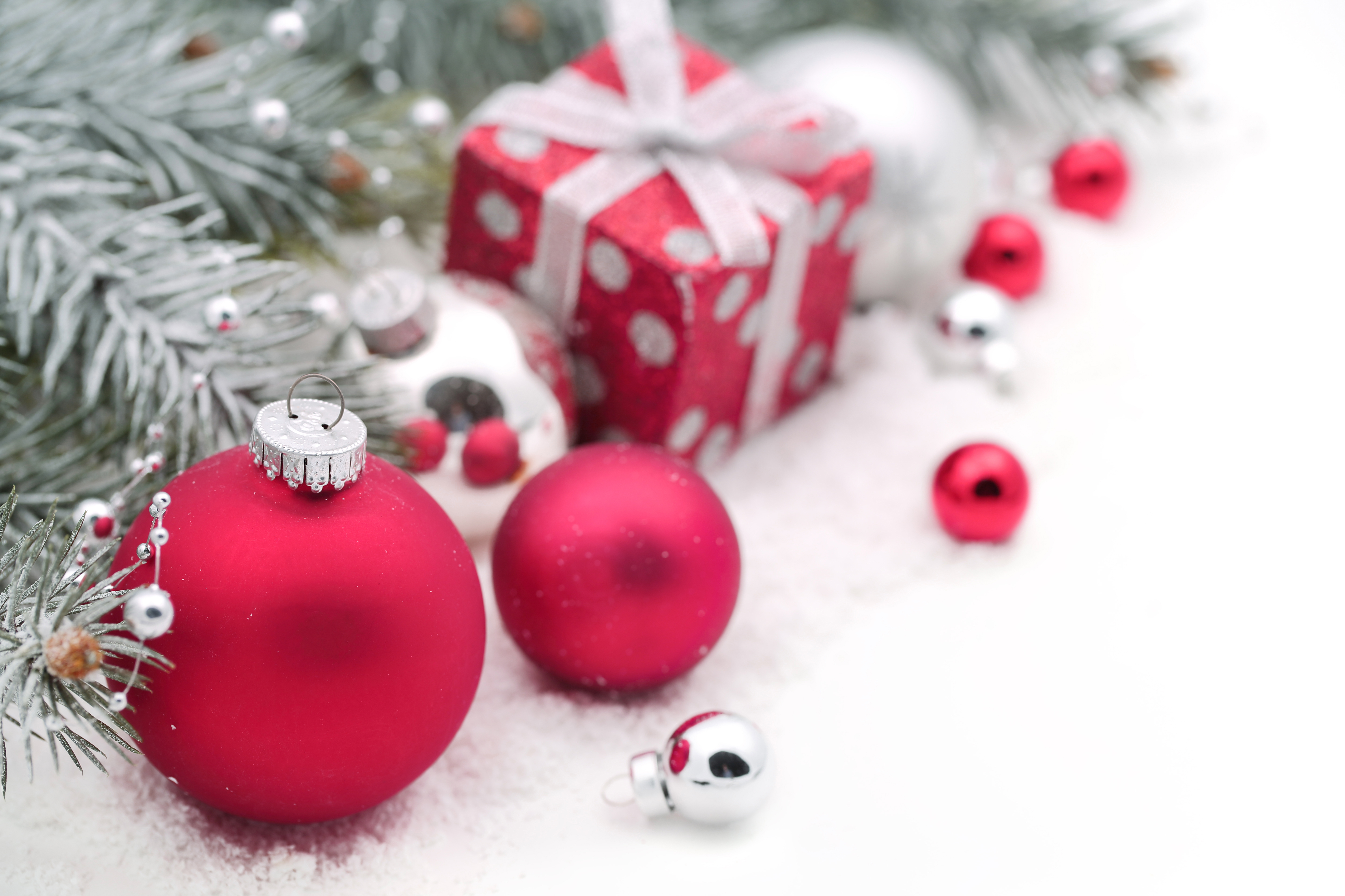 Christmas Background With Silver Pine Branches And Ornaments View Full Size