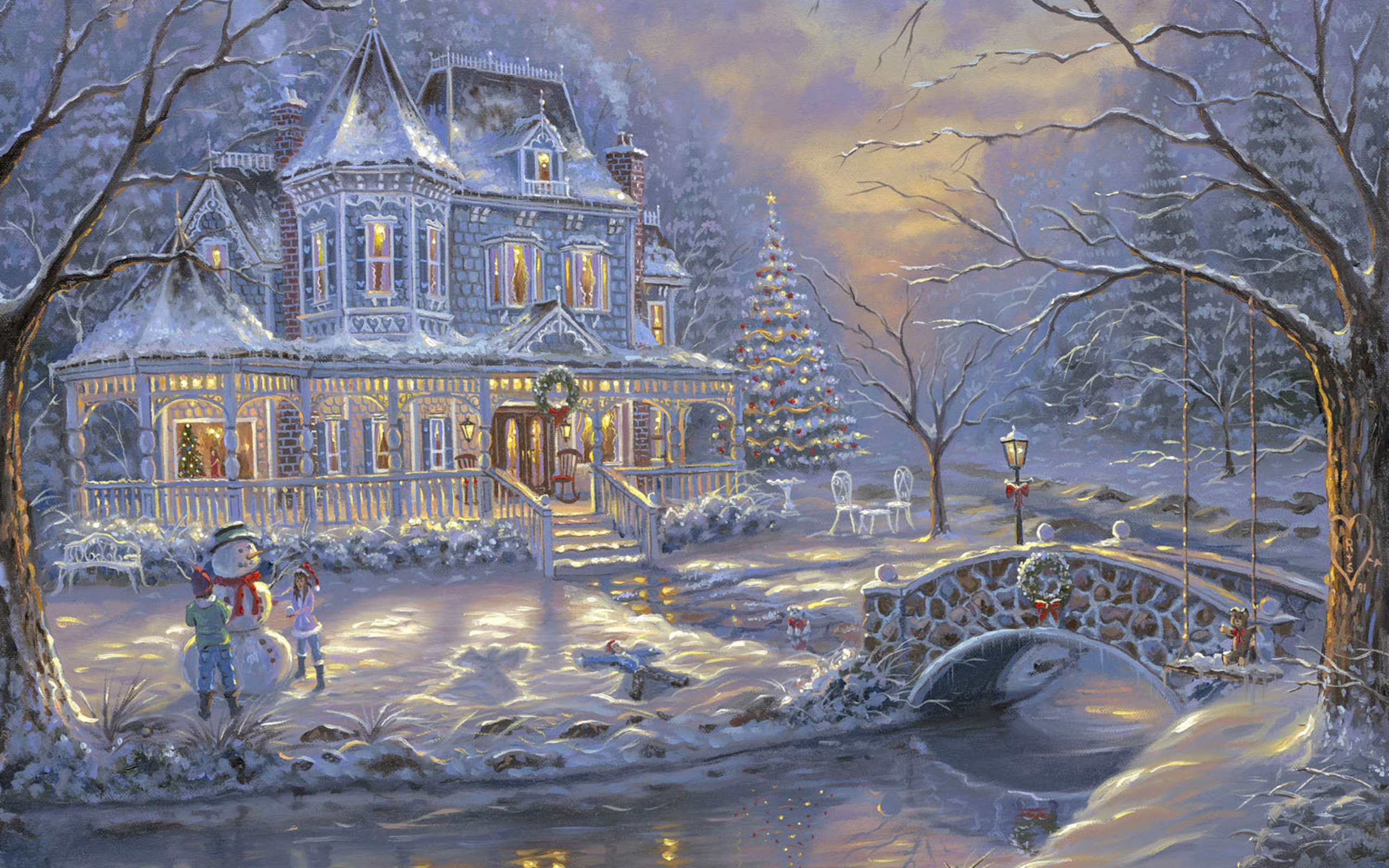 Christmas House with Snowman Painting Background Gallery