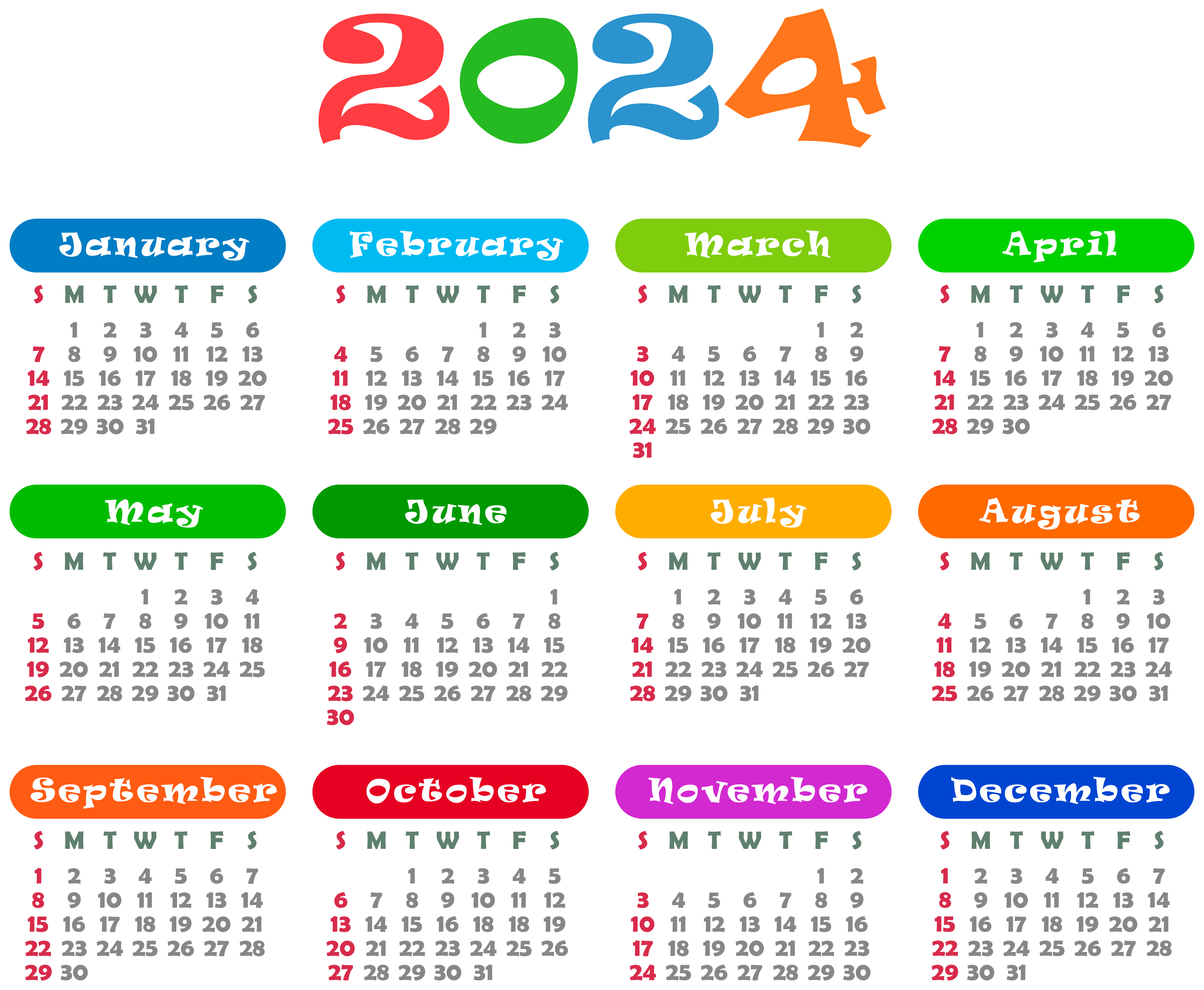 2024 US Colorful Calendar Transparent PNG Image​  Gallery Yopriceville -  High-Quality Free Images and Transparent PNG Clipart