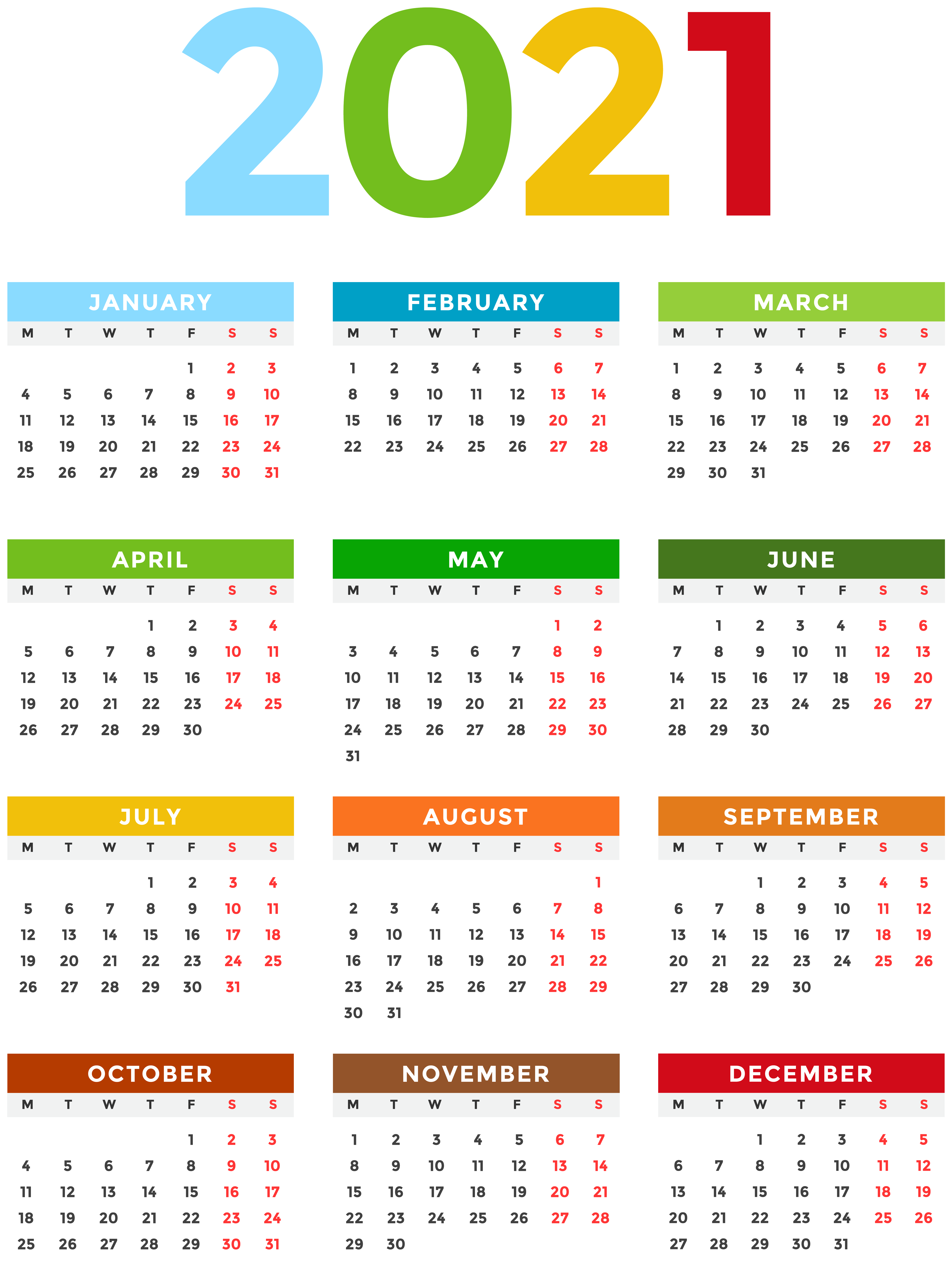 2021 Calendar EU Colorful Transparent Image | Gallery Yopriceville ...