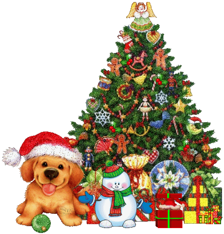 This gif image - Animated Christmas Tree With Gifts and Snowman, is available for free download