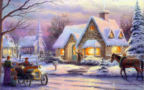 This jpeg image - Chrismas City Houses Winter Painting Background, is available for free download