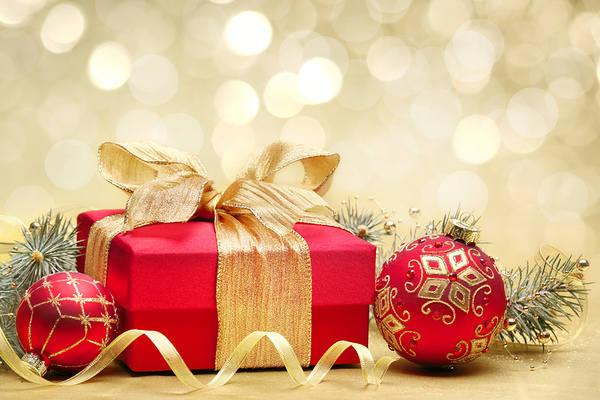 This jpeg image - Christmas Background with Red Gift and Ornaments, is available for free download