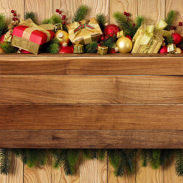 This jpeg image - Christmas Wooden Background with Gifts and Decorations, is available for free download