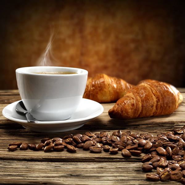 This jpeg image - Cup of Coffee Coffee Seeds and Croissants Background, is available for free download