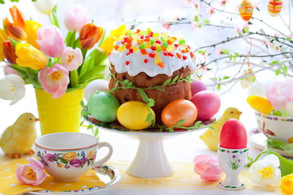 This jpeg image - Easter Background with Eggs Easter Bread and Tulips, is available for free download