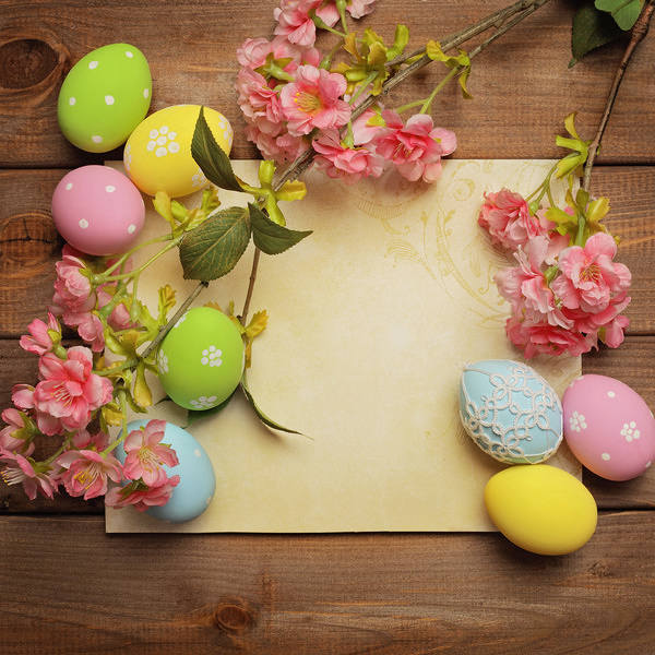 This jpeg image - Easter Background with Eggs and Blossom, is available for free download