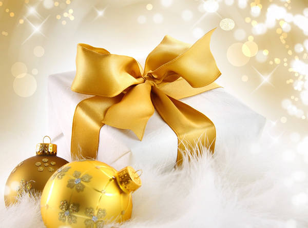 This jpeg image - Gold Christmas Background with Gift and Christmas Balls, is available for free download
