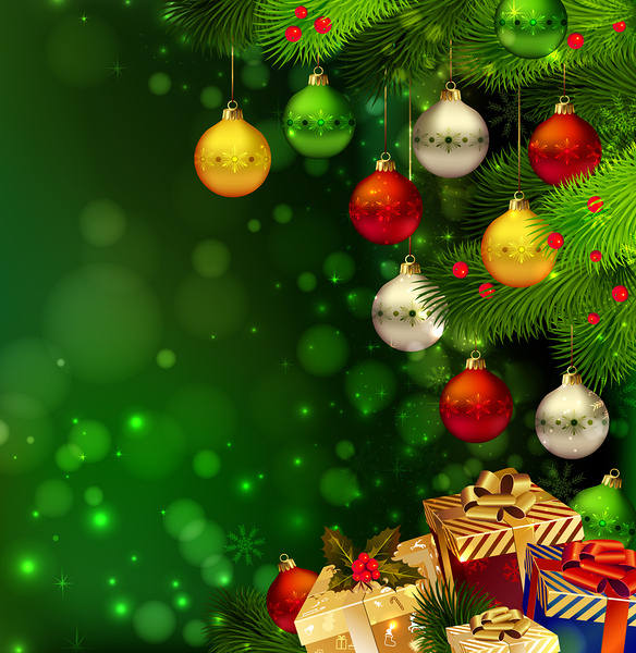 This jpeg image - Green Christmas Background with Gifts and Ornaments, is available for free download
