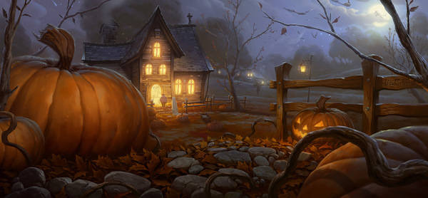 This jpeg image - Halloween Big Pumpkin and House Background, is available for free download