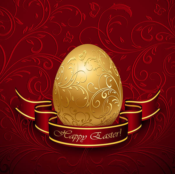 This jpeg image - Happy Easter with Gold Egg Red Background, is available for free download