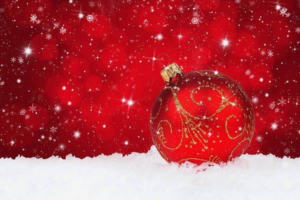 This jpeg image - Red Christmas Snowy Background with Christmas Ball, is available for free download