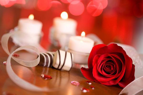 This jpeg image - Romantic Background with Candles Roses and Chocolates, is available for free download
