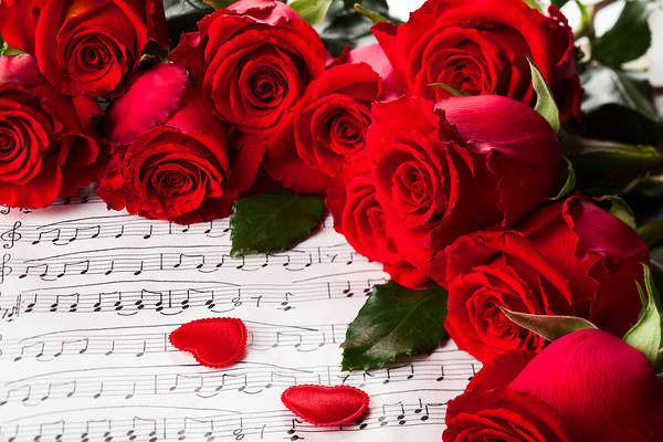 This jpeg image - Romantic Background with Hearts Roses and Music Sheet, is available for free download
