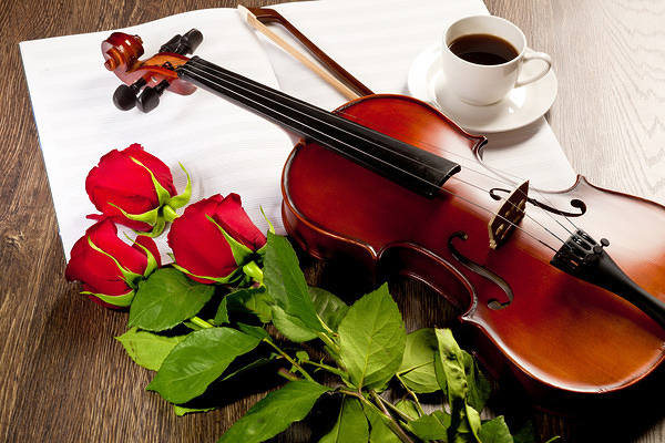This jpeg image - Roses Violin and Coffee Background, is available for free download