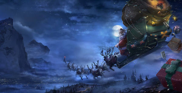 This jpeg image - Santa with Sleigh and Reindeers in the Sky Christmas Background, is available for free download