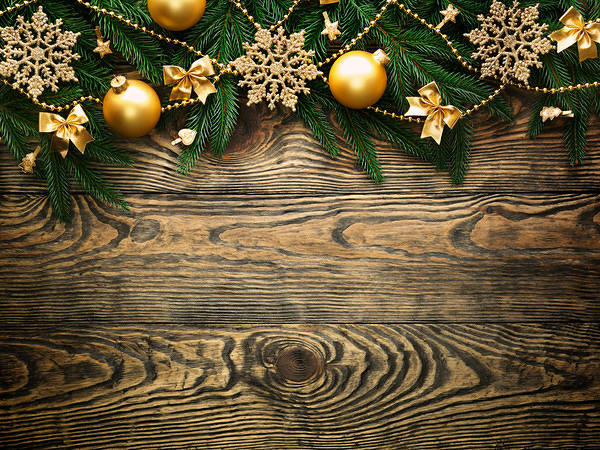This jpeg image - Wooden Christmas Background with Gold Ornaments, is available for free download