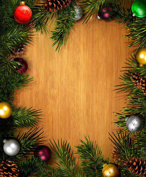 This jpeg image - Wooden Christmas Background with Pine Branches and Ornaments, is available for free download
