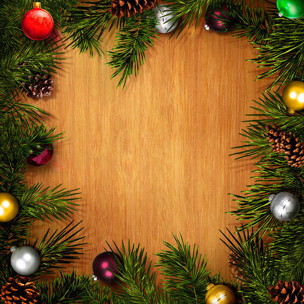 This jpeg image - Wooden Square Christmas Background with Pine Branches and Ornaments, is available for free download