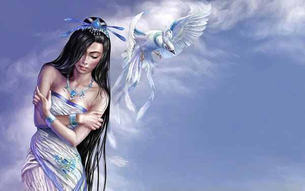 This jpeg image - Beautiful Girl with Bird Fantasy Wallpaper, is available for free download