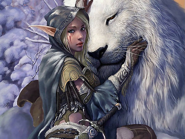 This jpeg image - Elf Fairy with White Lion Fantasy Wallpaper, is available for free download