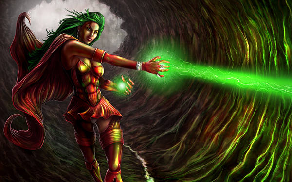 This jpeg image - Woman Warrior Green Magic Master Fantasy Wallpaper, is available for free download