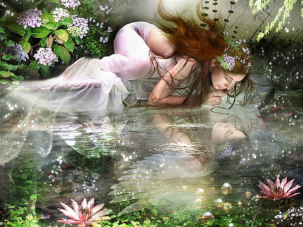 This jpeg image - beautiful fairy looking at reflection, is available for free download